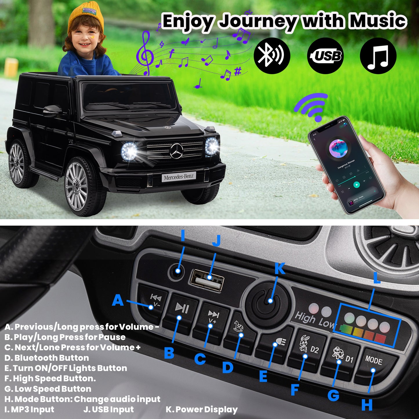 24V Ride On Cars with Remote Control, Licensed Mercedes Benz G500 Kids Electric Car for Boys Girls Gifts, Battery Powered Ride on Trucks Toys with Bluetooth, MP3, Music, Led Lights, USB, Black