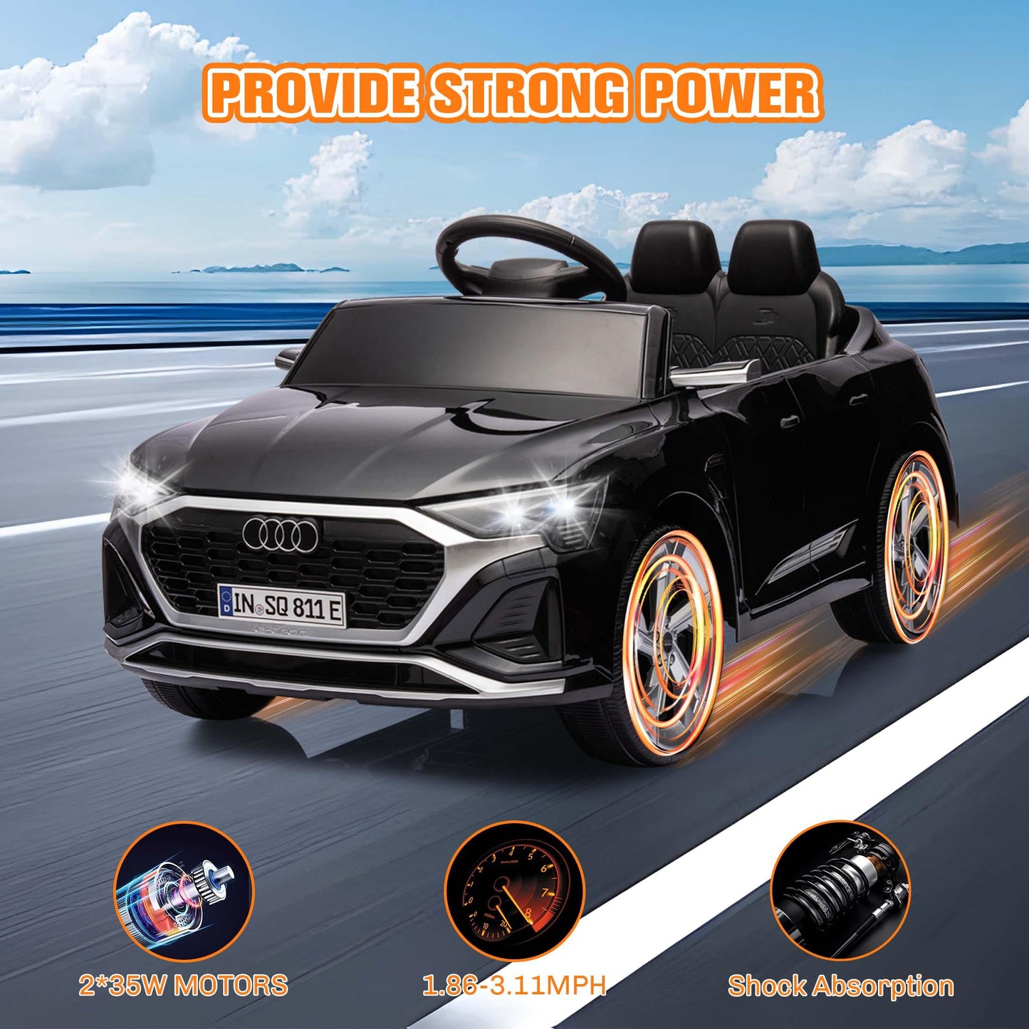 Ride on Toy Car Kids for Boys Girls, Licensed Audi SQ8 12V Ride on Cars with Remote Control, Battery Powered Electric Vehicle Car for Kids with Music, LED Lights, 3 Speed, 4 Wheeler, Black