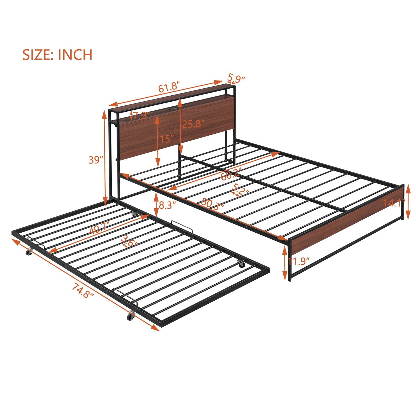 Queen Size Metal Platform Bed Frame with Twin Size Trundle, Queen Size Bed Frame with Storage Headboard, Outlet/USB Ports, Steel Slat Support, Queen Bed Frame No Box Spring Needed for Bedroom, Black