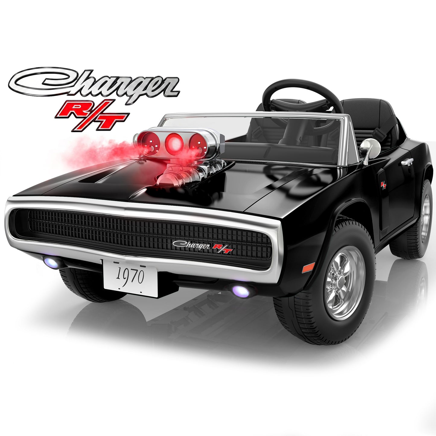 Dodge 24V 2 Seater Ride on Car with Remote Control/Bluetooth, Dodge Charger R/T 1970 Battery Powered Ride on w/4-Wheel Suspension, Electric Car for Kids Toddler