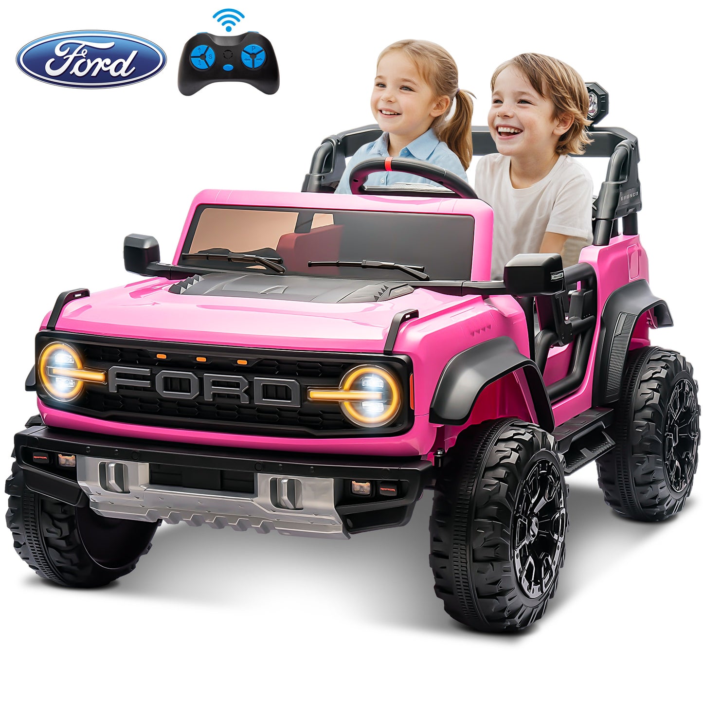 24V 2 Seater Ride on Truck Car, Ford Bronco Raptor Kids Electric Vehicle Car with Parent Remote, Battery Powered Ride on Toy for Boys Girls w/ Rear Wheel Suspension, Bluetooth