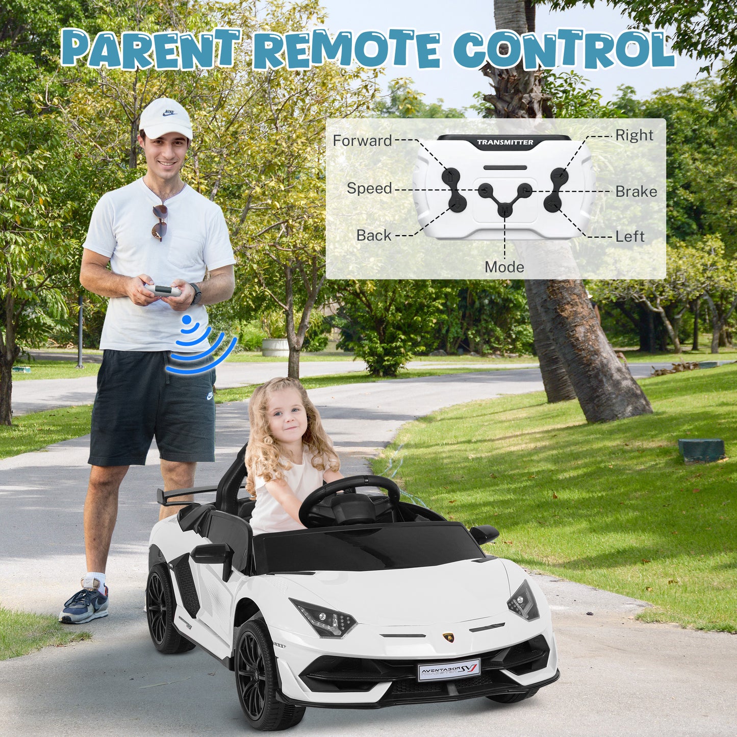 12V Powered Kids Ride on Car Toy with Remote Control, Licensed Lamborghini Sport Car for Girls Boys 3-5 Years Old, Electric Vehicle Car w/ Bluetooth, Fours Wheels