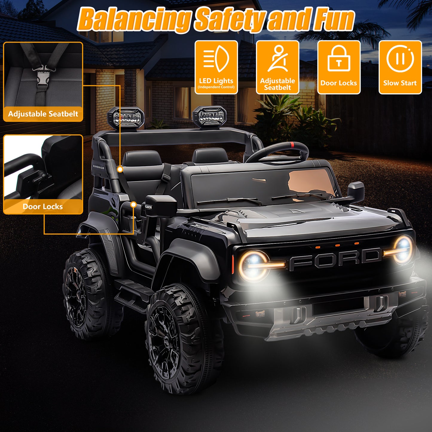 24V 2 Seater Ride on Truck Car, Ford Bronco Raptor Kids Electric Vehicle Car with Parent Remote, Battery Powered Ride on Toy for Boys Girls w/ Rear Wheel Suspension, Bluetooth