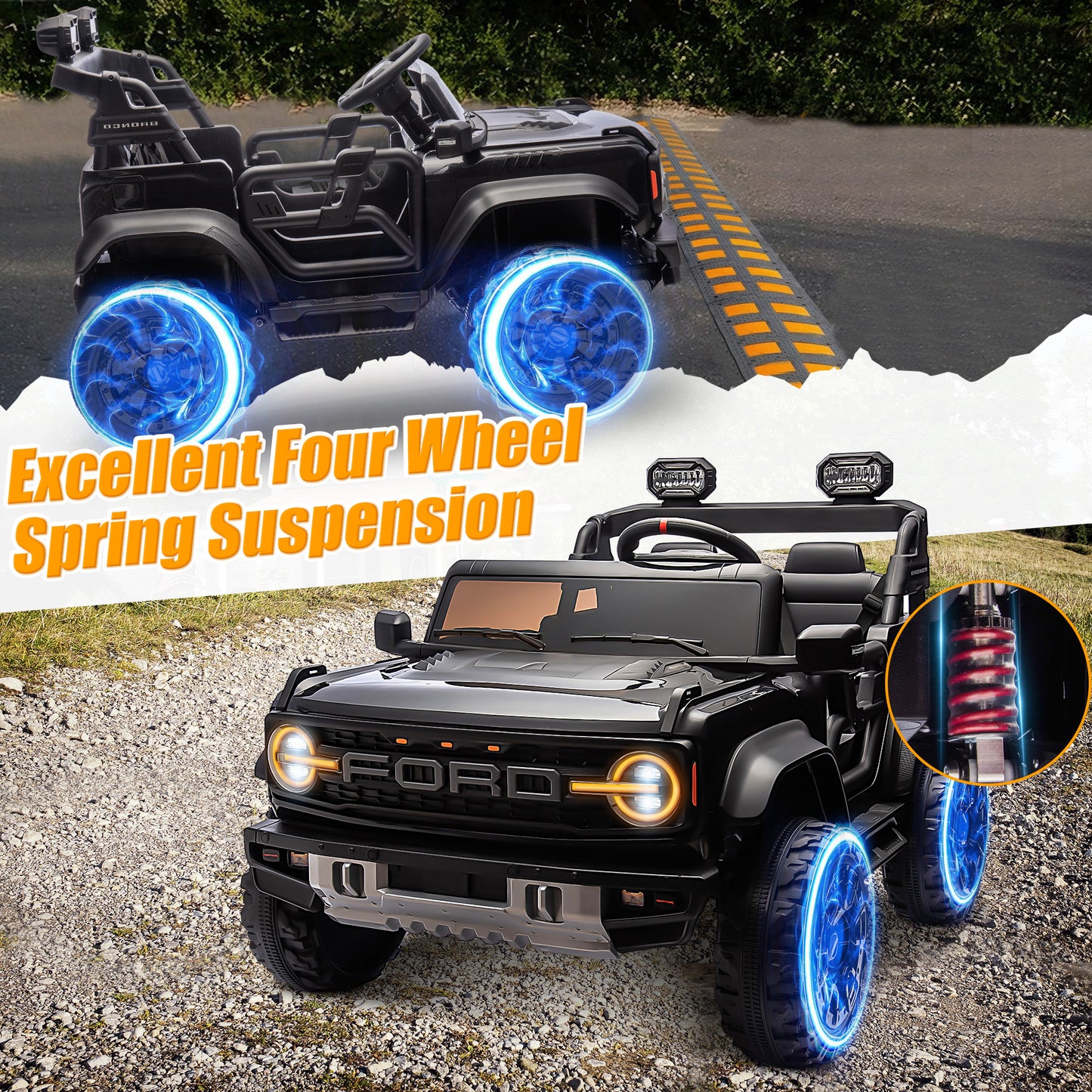 24V 2 Seater Ride on Truck Car, Ford Bronco Raptor Kids Electric Vehicle Car with Parent Remote, Battery Powered Ride on Toy for Boys Girls w/ Rear Wheel Suspension, Bluetooth