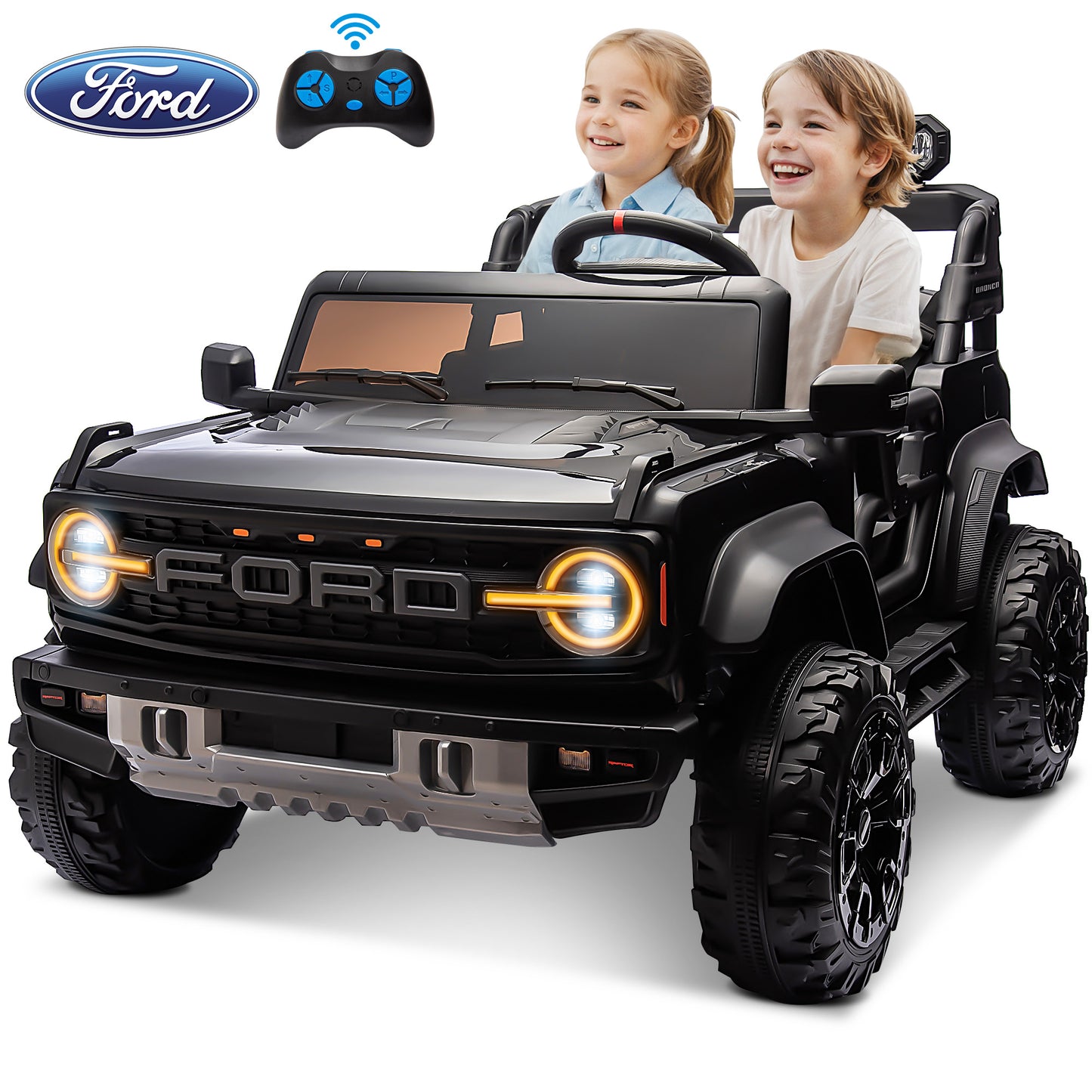 24V 2 Seater Ride on Truck Car, Ford Bronco Raptor Kids Electric Vehicle Car with Parent Remote, Battery Powered Ride on Toy for Boys Girls w/ Rear Wheel Suspension, Bluetooth