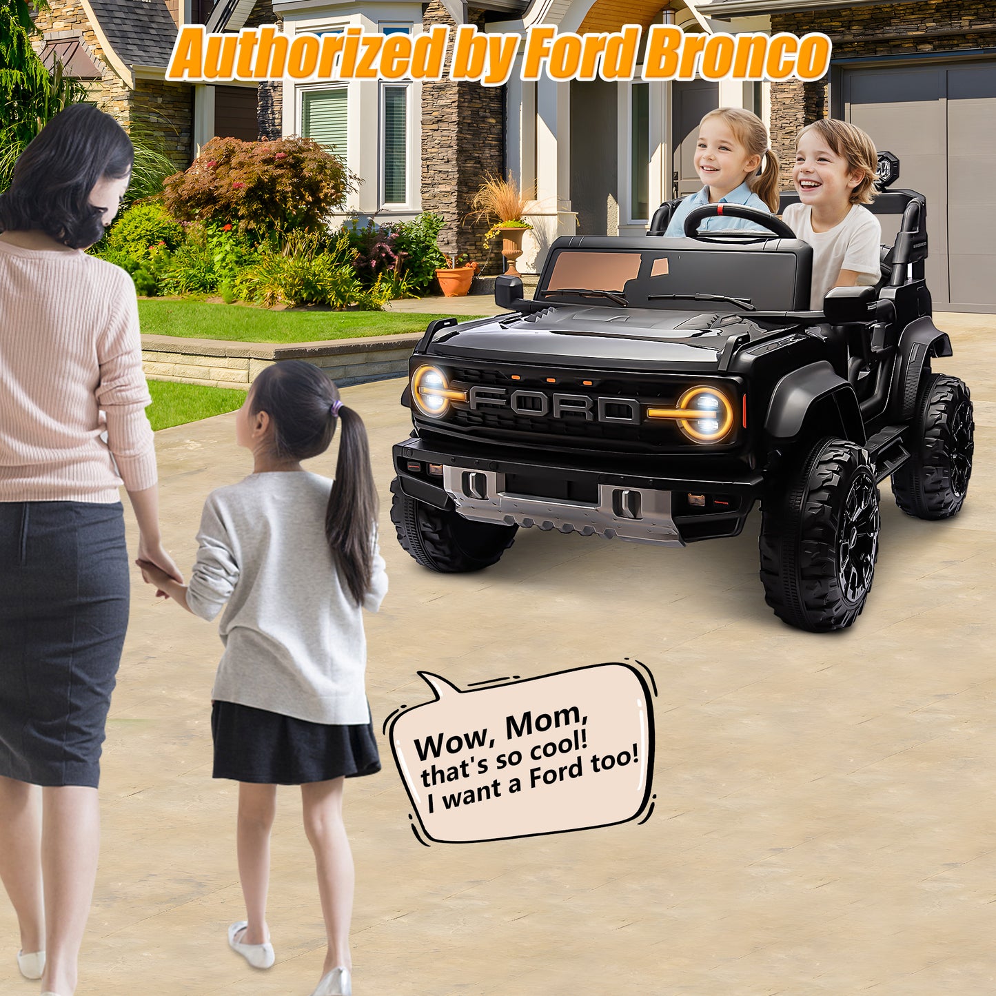 24V 2 Seater Ride on Truck Car, Ford Bronco Raptor Kids Electric Vehicle Car with Parent Remote, Battery Powered Ride on Toy for Boys Girls w/ Rear Wheel Suspension, Bluetooth