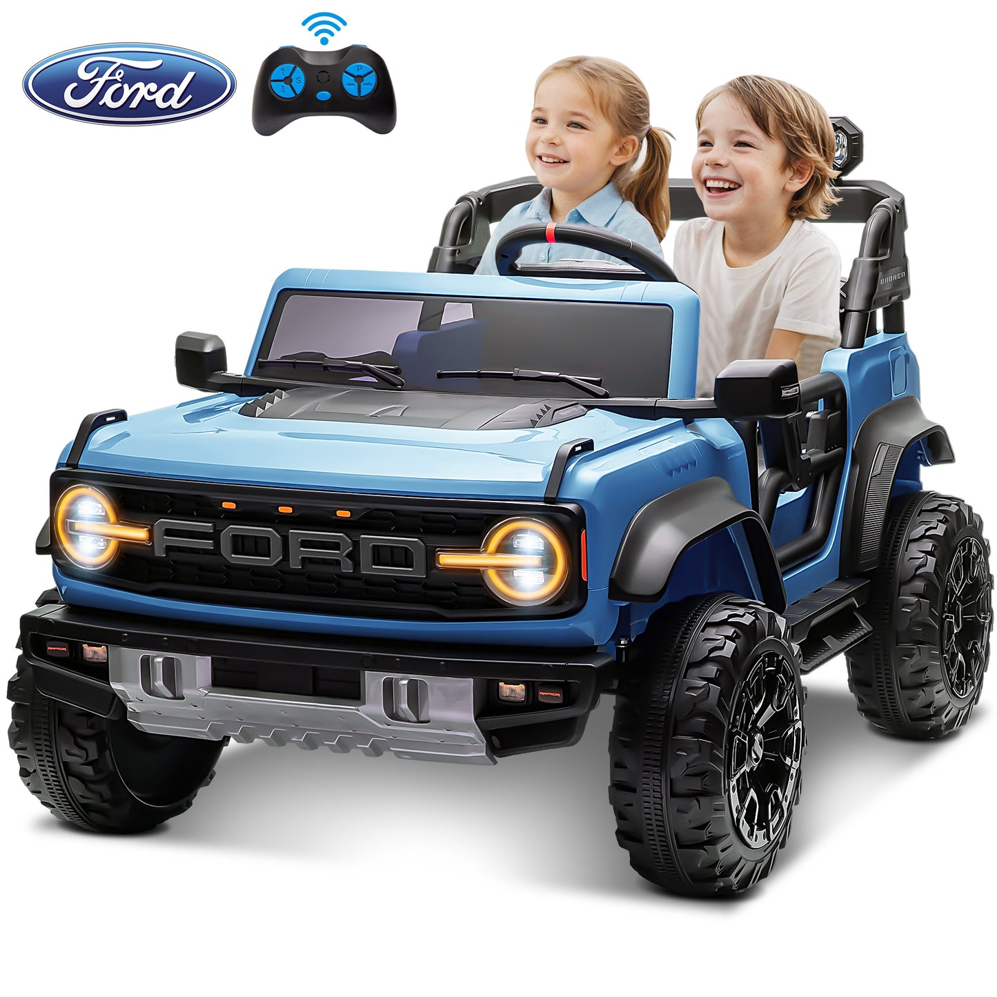 24V 2 Seater Ride on Truck Car, Ford Bronco Raptor Kids Electric Vehicle Car with Parent Remote, Battery Powered Ride on Toy for Boys Girls w/ Rear Wheel Suspension, Bluetooth