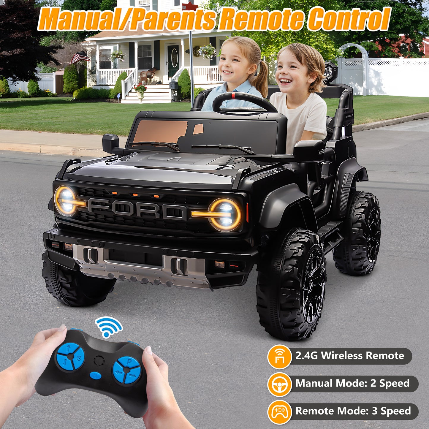 24V 2 Seater Ride on Truck Car, Ford Bronco Raptor Kids Electric Vehicle Car with Parent Remote, Battery Powered Ride on Toy for Boys Girls w/ Rear Wheel Suspension, Bluetooth