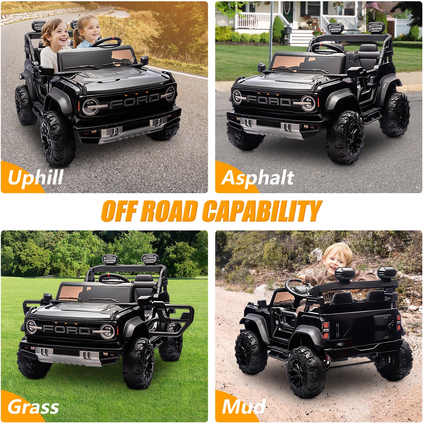 24V 2 Seater Ride on Truck Car, Ford Bronco Raptor Kids Electric Vehicle Car with Parent Remote, Battery Powered Ride on Toy for Boys Girls w/ Rear Wheel Suspension, Bluetooth