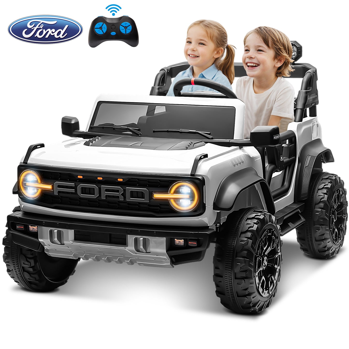24V 2 Seater Ride on Truck Car, Ford Bronco Raptor Kids Electric Vehicle Car with Parent Remote, Battery Powered Ride on Toy for Boys Girls w/ Rear Wheel Suspension, Bluetooth