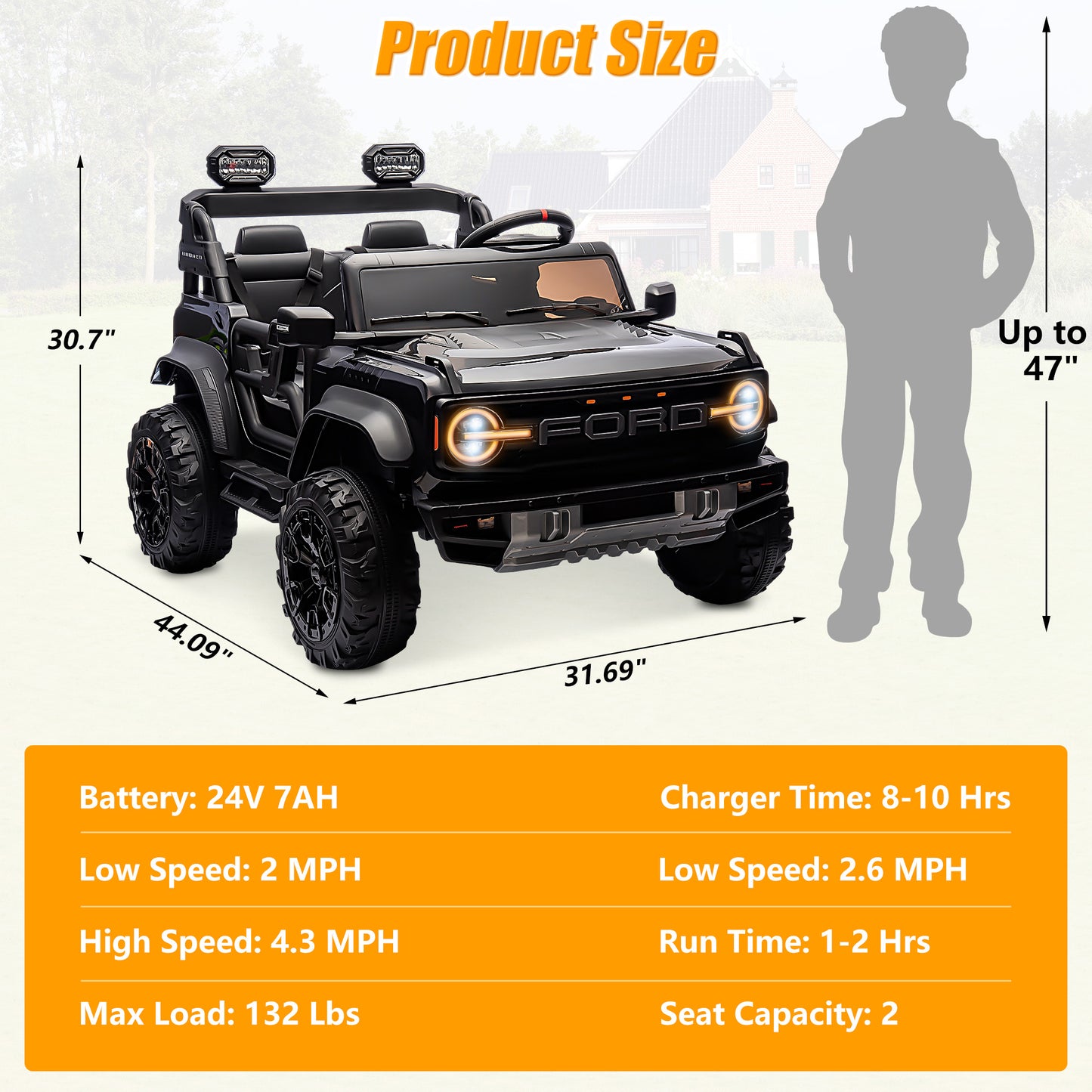 24V 2 Seater Ride on Truck Car, Ford Bronco Raptor Kids Electric Vehicle Car with Parent Remote, Battery Powered Ride on Toy for Boys Girls w/ Rear Wheel Suspension, Bluetooth