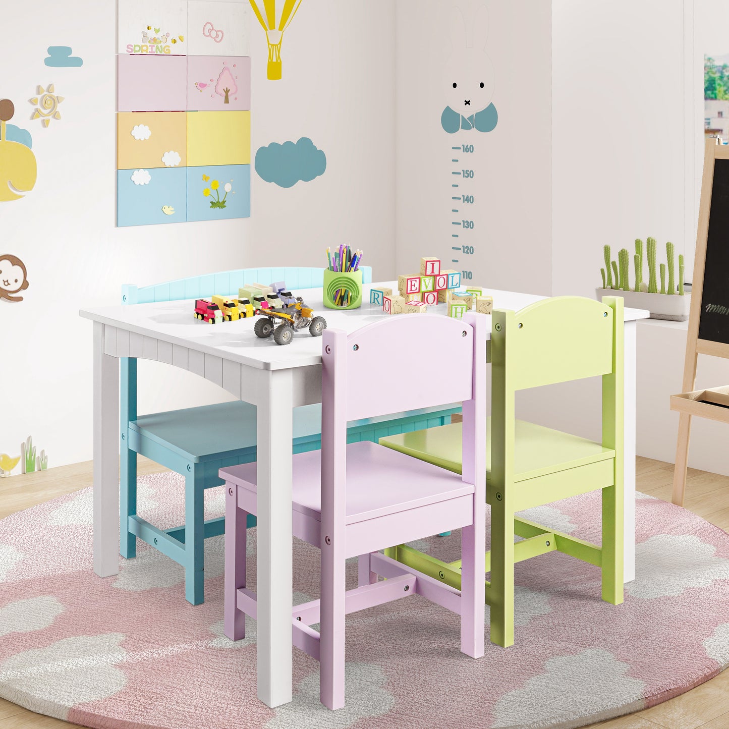 iRerts Kids Table and Chairs Set 5 Piece, Wooden Table and 4 Chairs with Storage Function for Children Toddler, Gray and White