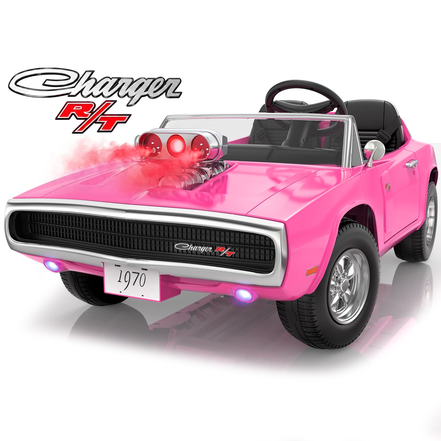 Dodge 24V 2 Seater Ride on Car with Remote Control/Bluetooth, Dodge Charger R/T 1970 Battery Powered Ride on w/4-Wheel Suspension, Electric Car for Kids Toddler