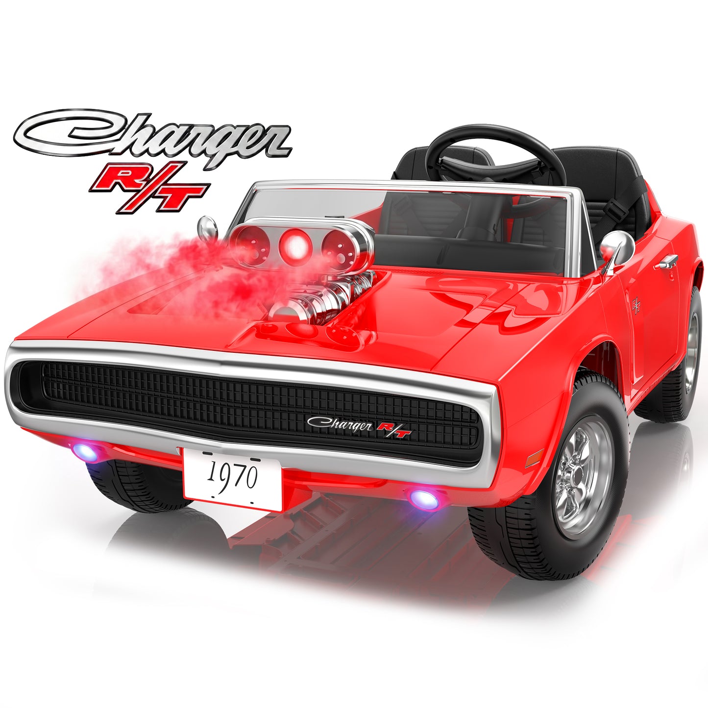 Dodge 24V 2 Seater Ride on Car with Remote Control/Bluetooth, Dodge Charger R/T 1970 Battery Powered Ride on w/4-Wheel Suspension, Electric Car for Kids Toddler