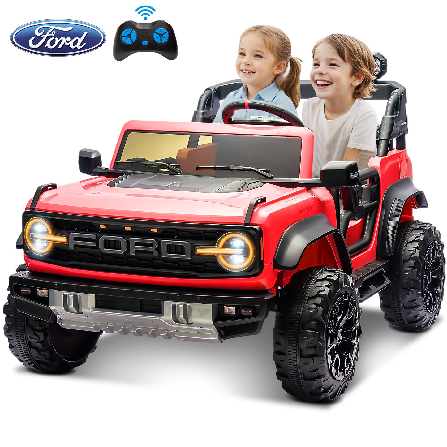 24V 2 Seater Ride on Truck Car, Ford Bronco Raptor Kids Electric Vehicle Car with Parent Remote, Battery Powered Ride on Toy for Boys Girls w/ Rear Wheel Suspension, Bluetooth