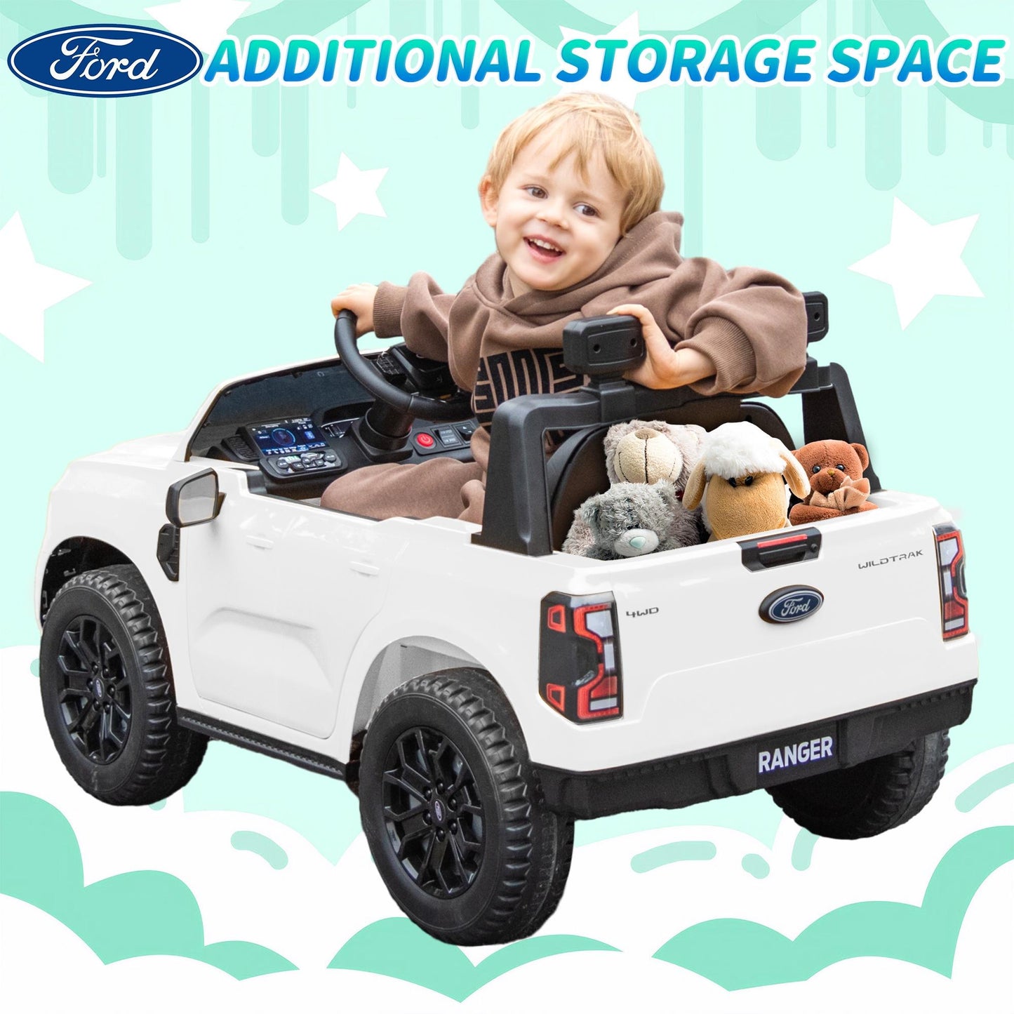 12V Ride on Cars with Remote Control, Ford Ranger Electric Cars for Kids with Bluetooth, Music, USB Port, Horn, LED Lights, Battery Powered Ride on Toys for Kids Boys Girls 3-6 Ages Gifts, White