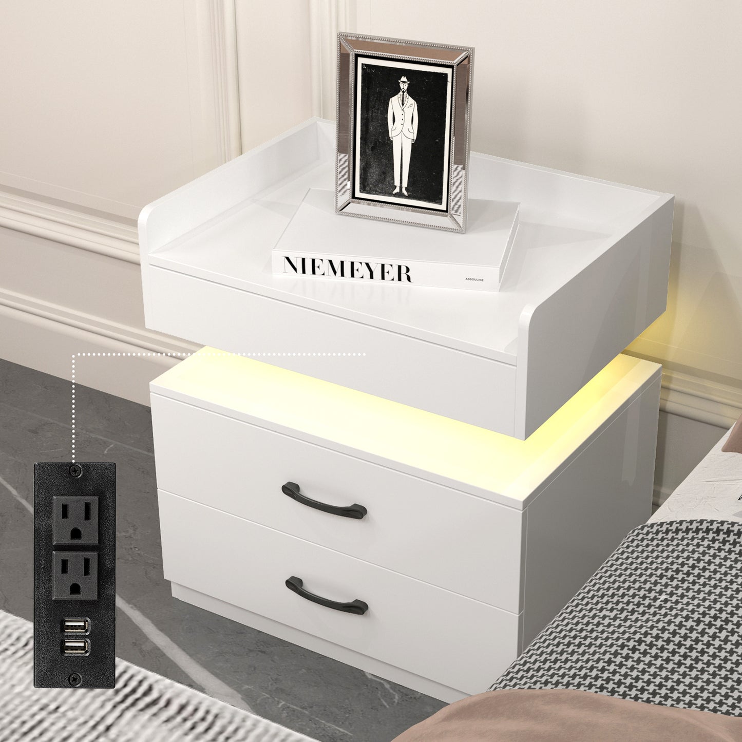 iRerts Bedside Table with Charging Station, Wood High Gloss Nightstand for Bedroom with Plug Outlet, 2 USB Ports, 2 Drawers, 16 LED Lights, Modern Night Stands End Side Table for Bedroom Office, White