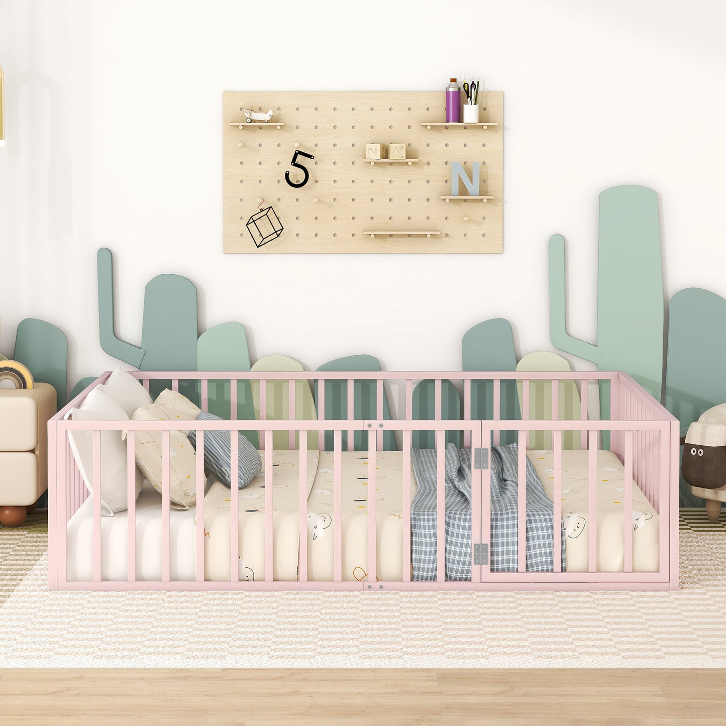 iRerts Queen Floor Bed Frame, Metal Queen Size Montessori Floor Bed Frame with Fence and Door, Kids Toddler Floor Bed Frame Queen Size for Girls Boys, Twin Bed Frame without Bed Slats, Pink