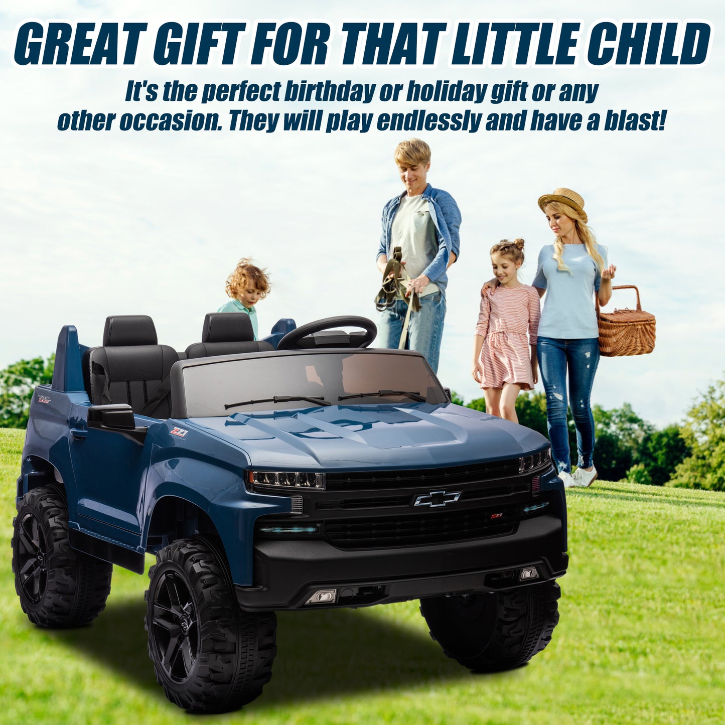 Chevrolet Silverado 24V Ride on Cars with Remote Control, 2 Seater 4 Wheels Kids Electric Cars with Bluetooth, LED Lights, Battery Powered Ride on Truck Toys for Boys Girls Christmas Gifts, Blue