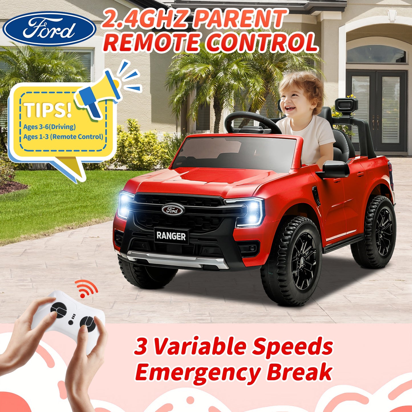 12V Ride on Cars with Remote Control, Ford Ranger Electric Cars for Kids with Bluetooth, Music, USB Port, Horn, LED Lights, Battery Powered Ride on Toys for Kids Boys Girls 3-6 Ages Gifts, Red
