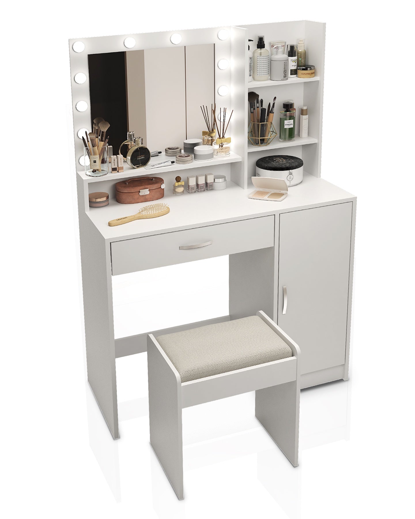 iRerts Vanity Desk with Mirror and LED Lights, White Makeup Table with Stool, Large Drawer and 3 Storage Dressers, 3 Lighting Modes Adjustable Brightness, Makeup Table Set Dressing Table for Bedroom