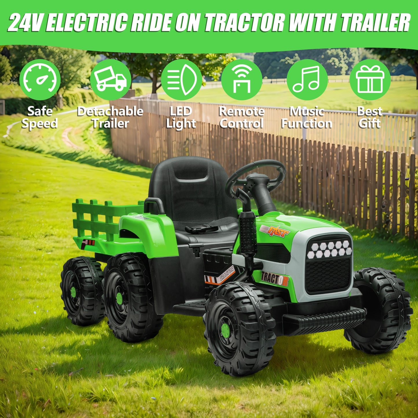 Powered Ride on Toy Tractor, 24V Kids Ride on Car with Remote Control, Electric Vehicles for Kids Toddlers 3-6 Years with 3 Speeds, Bluetooth, Music Player, LED Light, Rear Wheel Suspension, Green