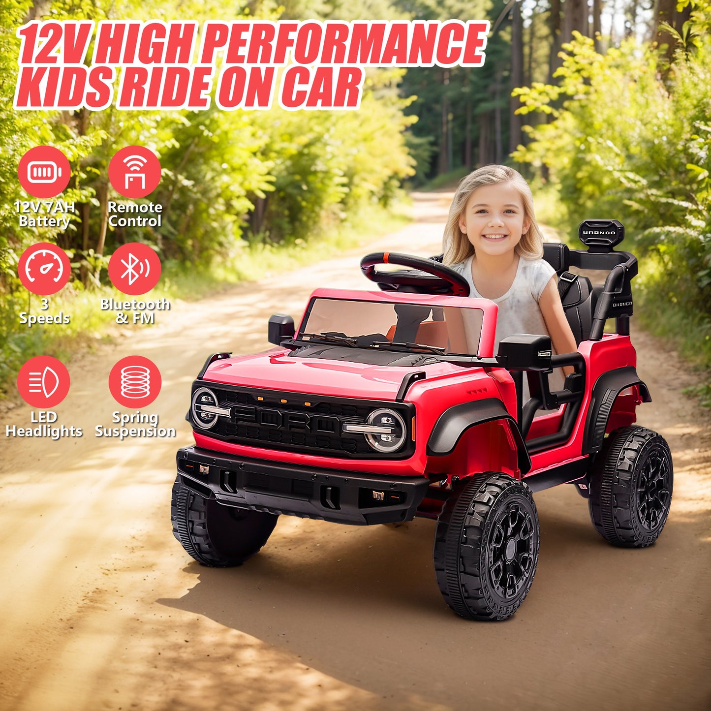 12V Powered Ride on Car, Ford Bronco Raptor Ride on Toys with Remote Control, Battery Powered Ride on Trucks with Bluetooth Music, LED Light, Kids Car Electric Vehicle for Boys Girls Gifts, Red