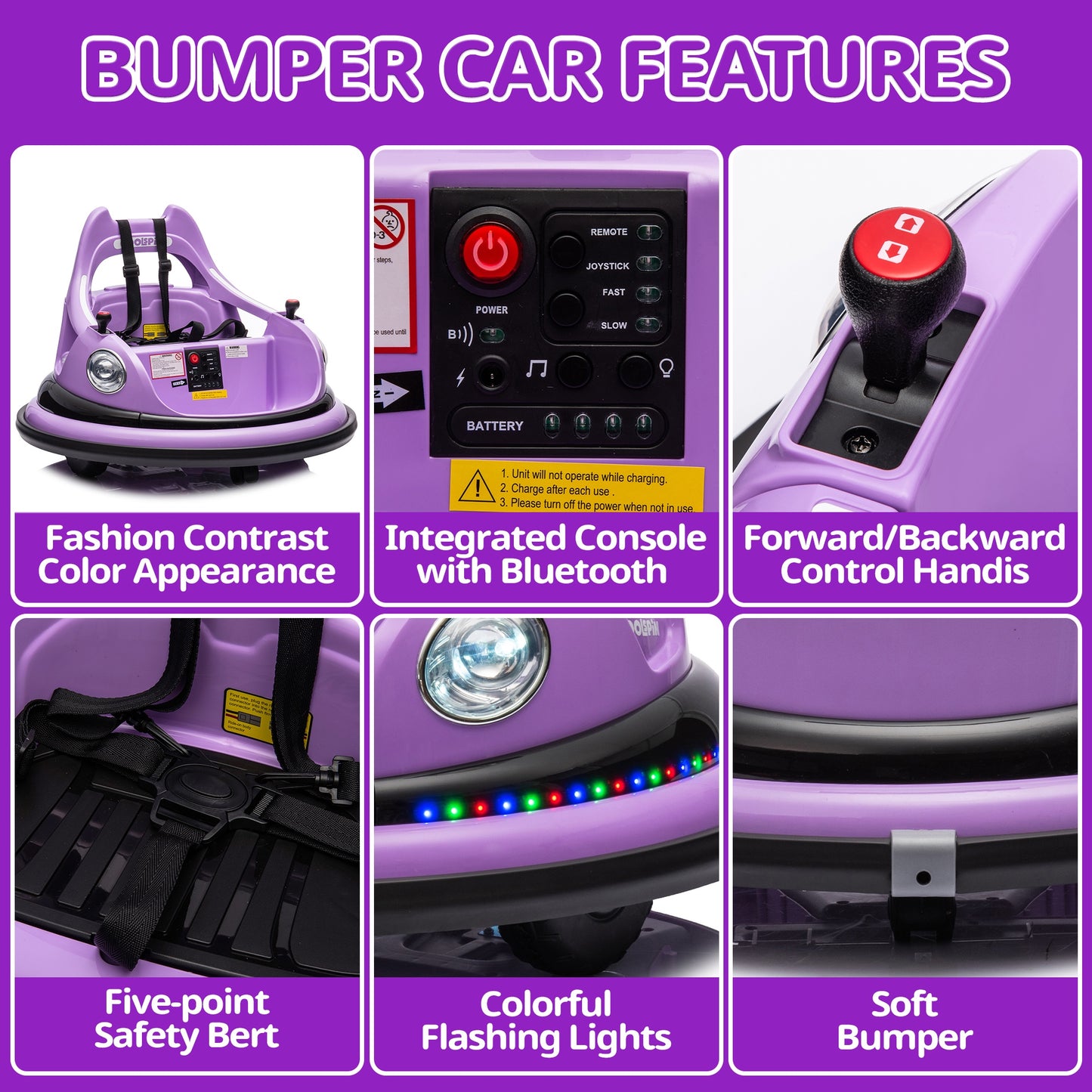 iRerts 12V Bumper Car, Ride on Electric Bumper Car for Kids Toddlers, Battery Powered Ride on Toys with Remote Control, Bluetooth, Music, LED Light, 360¡ãSpin, Gifts for Ages 2-5 Boys Girls, Purple