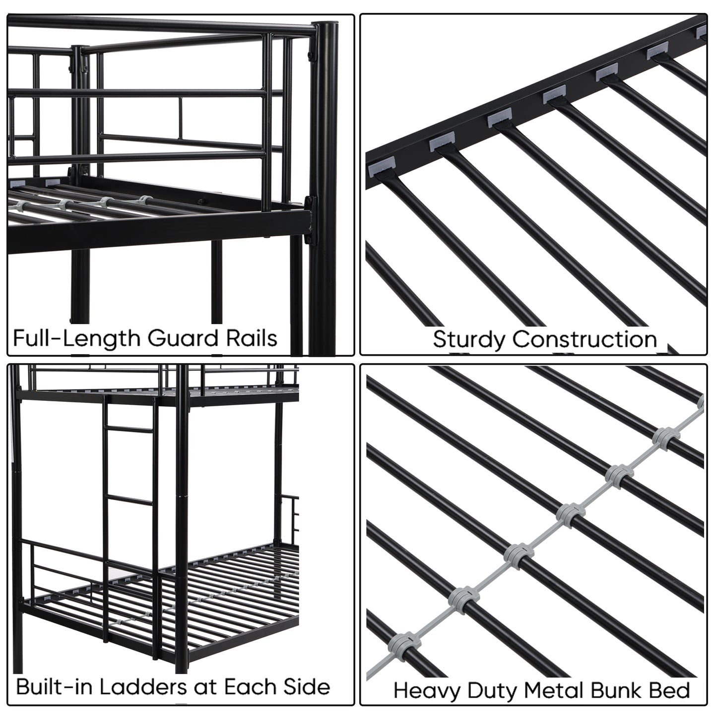 iRerts Metal Twin over Twin Bunk Bed, Convertible Bunk Beds Twin over Twin with 2 Ladders and Full-Length Guardrail, Modern Twin Bunk Beds for Adults Teens Kids Bedroom, No Box Spring Needed, Black