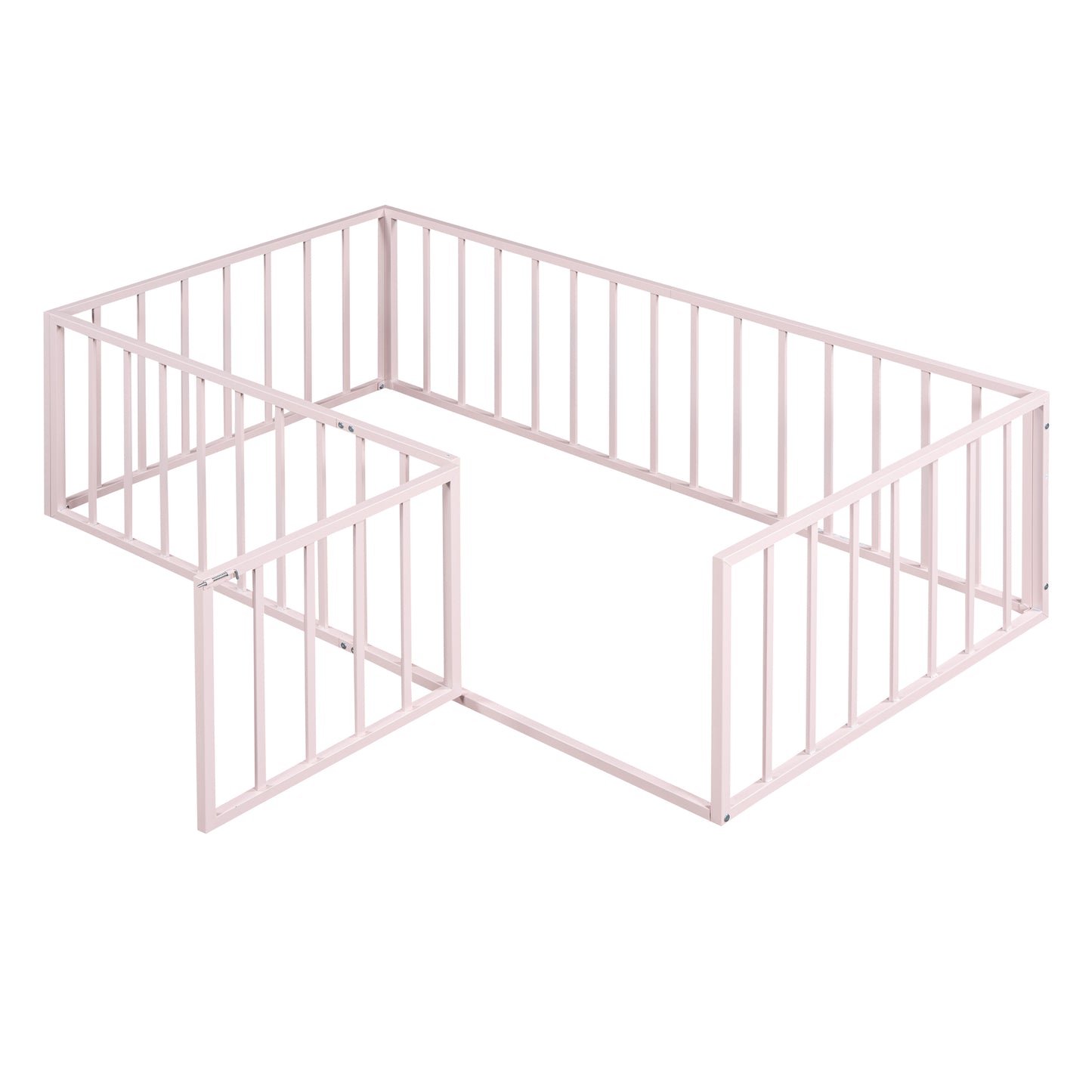 iRerts Twin Floor Bed Frame, Metal Twin Size Montessori Floor Bed Frame with Fence and Door, Kids Toddler Floor Bed Frame Twin Size for Girls Boys, Twin Bed Frame without Bed Slats, Pink
