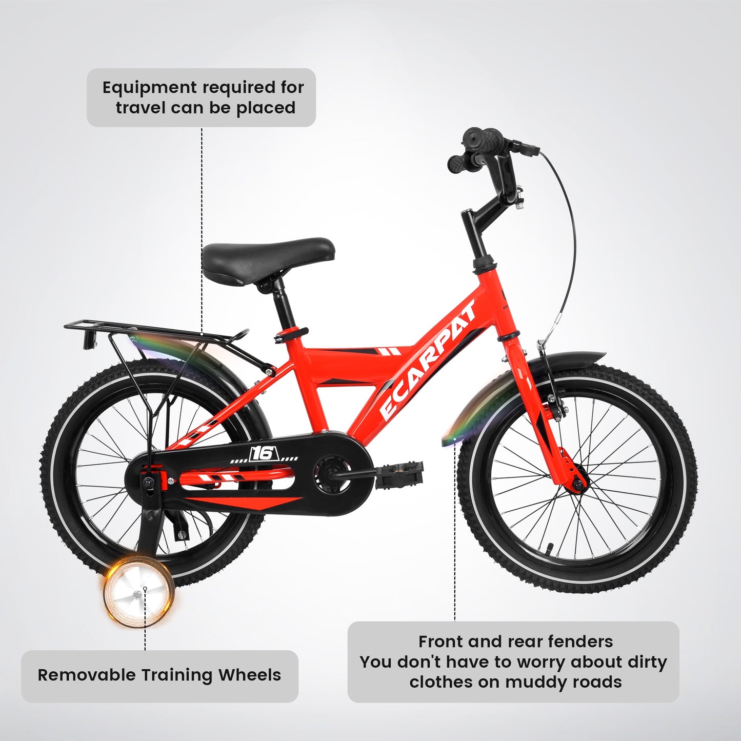 iRerts Kids Bike with Training Wheels, 16 Inch Kids Bicycle for Boys Girls Ages 4-8 Years Old, Boys Bicycles for Kids with Adjustable Seat, Fender and Varrier, Red