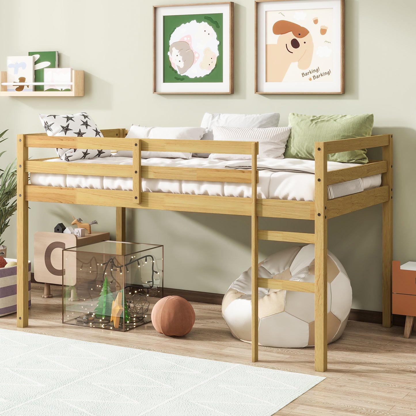 Twin Size Loft Bed Frame, Wood Loft Bed Frame for Kids Boys Girls, Twin Bed Frame Bedroom Furniture, No Box Spring Needed
