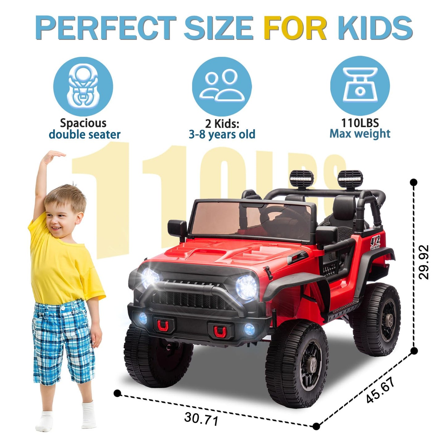 iRerts 24V 2 Seater Ride on Car, Powered Ride on Toys for Bid Kids Boys Girls Gifts, Kids Car Electric Vehicle with Remote Control, Music, Bluetooth, LED Light, USB/MP3 Port, 4 Wheel Suspension, Red