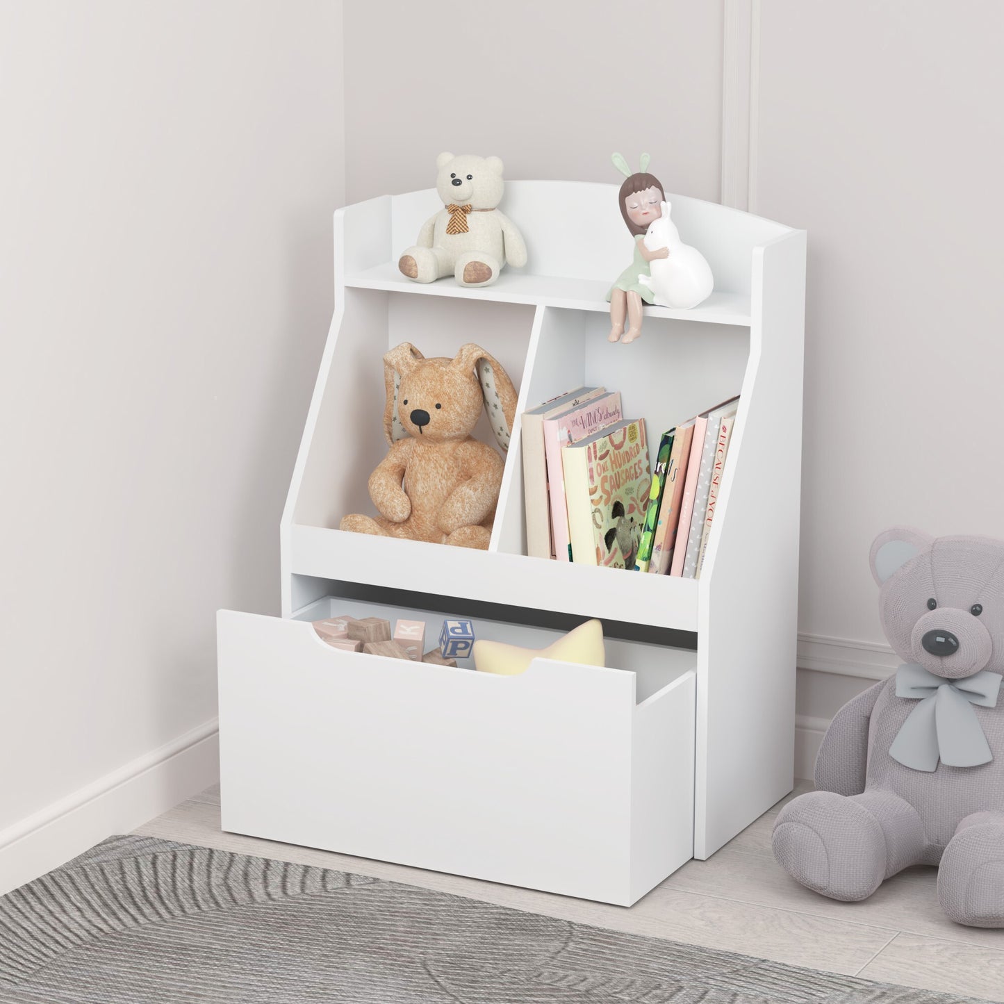 iRerts Kids Toy Storage Organizer, Wooden Cube Bookcase and Book Shelf with Storage for Bedroom, Living Room, White