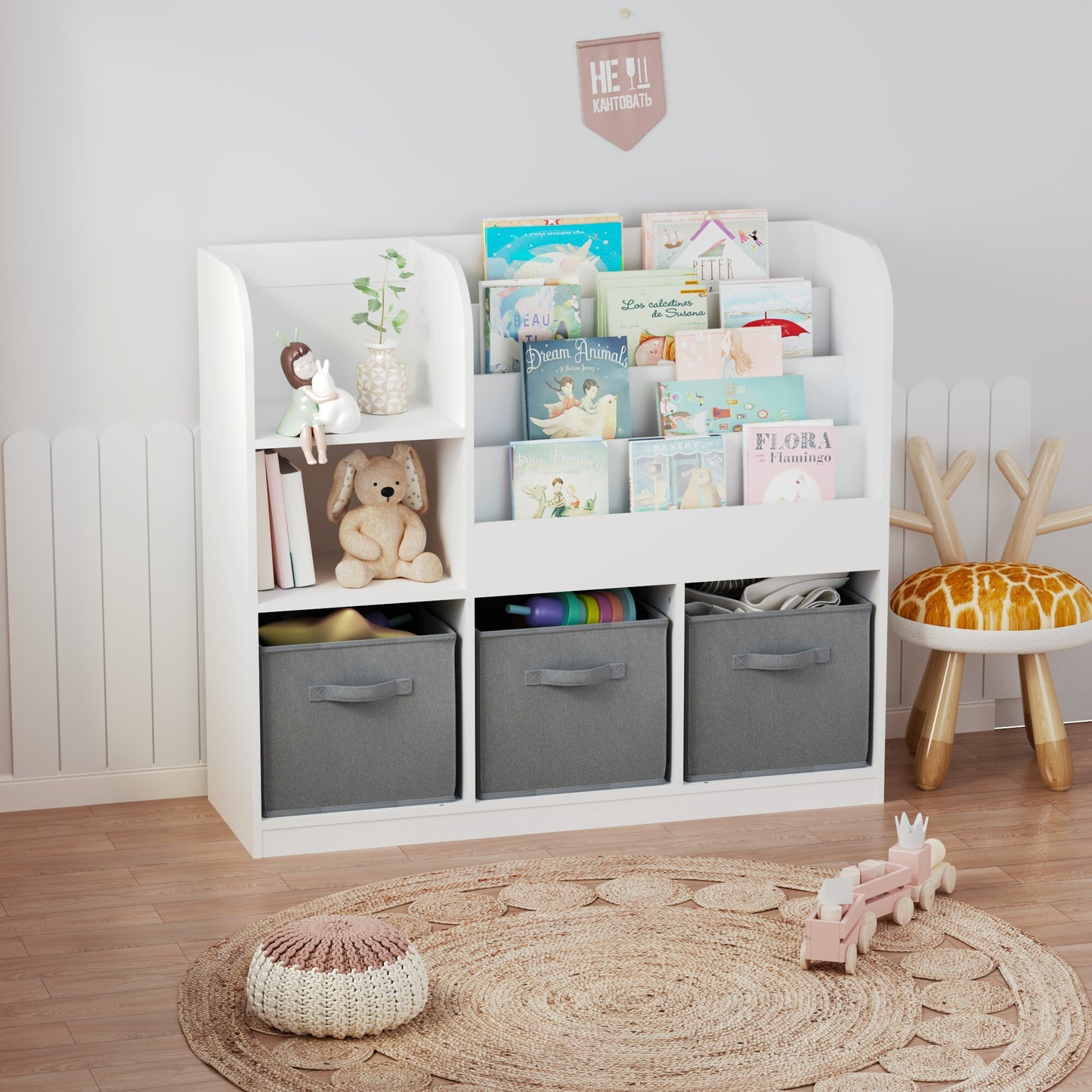 Kids Bookshelf and Toy Storage Organizer with 3 Drawers, Wooden Cube Bookcase for Children Toddlers with 4 Tier Book Display Shelf, for Kids Baby Room, Bedroom, Living Room, White