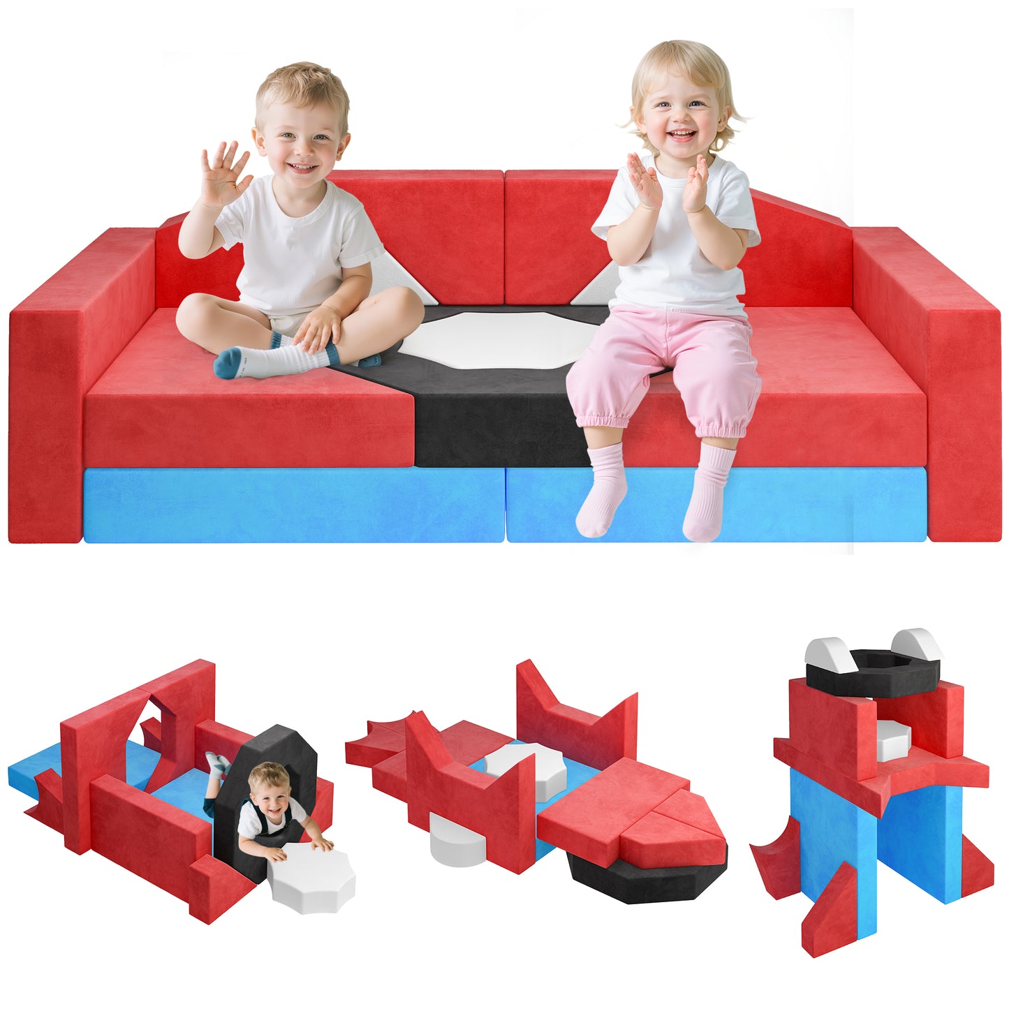 Modular Kids Play Couch, 12 Pcs Modular Sectional Sofa for Playroom Bedroom Floor, Convertible Form Couch Set for Tollders Children 1-3 Years Old, Imagination& Relaxation