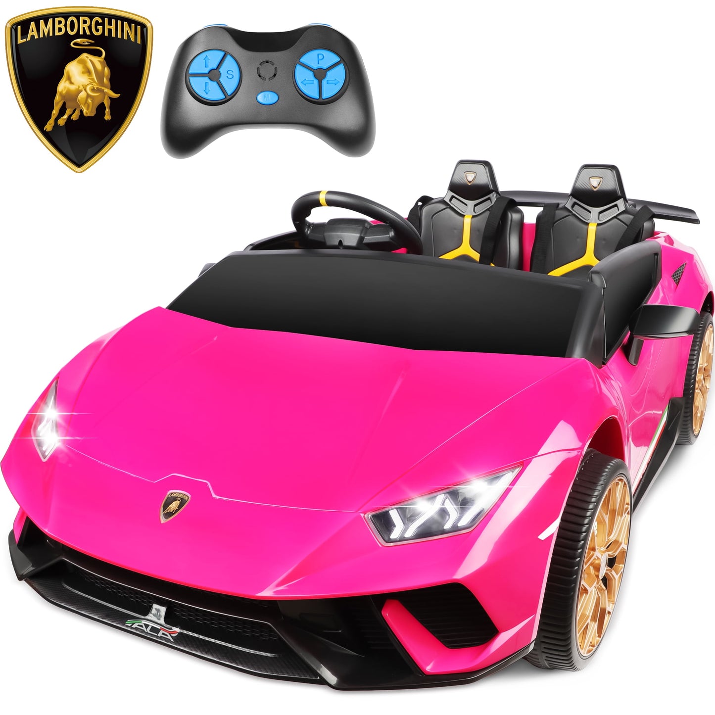 24V Ride on Cars 2 Seater for Kids, Lamborghini Huracan Battery Powered Ride on Toy Sports Car with Remote Control, Electric Car for Boys Girls 3-8 with Music/LED Lights/Bluetooth/4WD