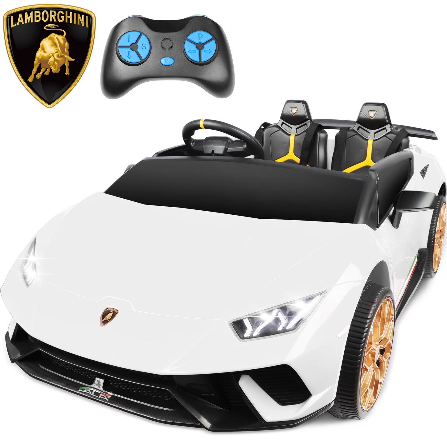 24V Ride on Cars 2 Seater for Kids, Lamborghini Huracan Battery Powered Ride on Toy Sports Car with Remote Control, Electric Car for Boys Girls 3-8 with Music/LED Lights/Bluetooth/4WD