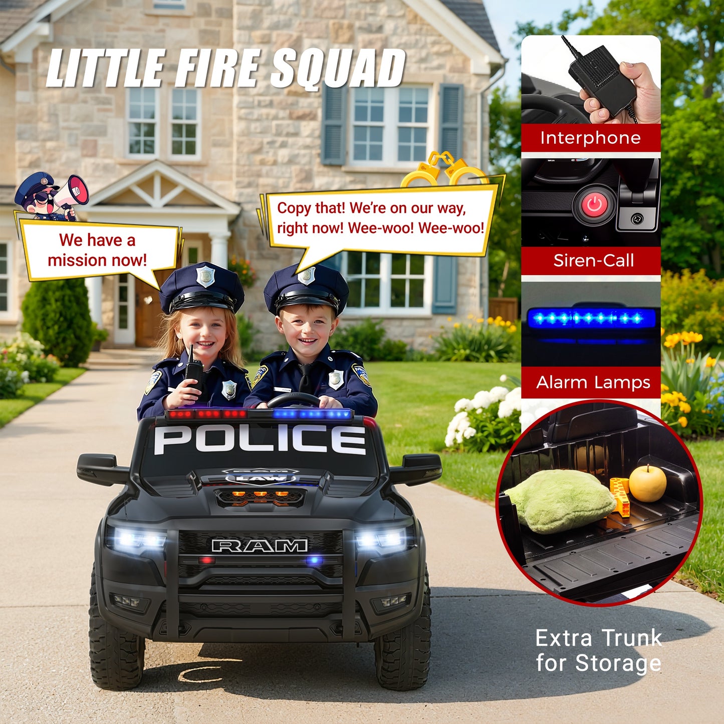 24V Licensed RAM 1500 Ride on Police Car for Kids, 2 Seater Ride on Car with Parent Remote Control, Bluetooth, LED Lights, Siren, Rear Storage, 4-Wheel Suspension, Ages 3-8, Black