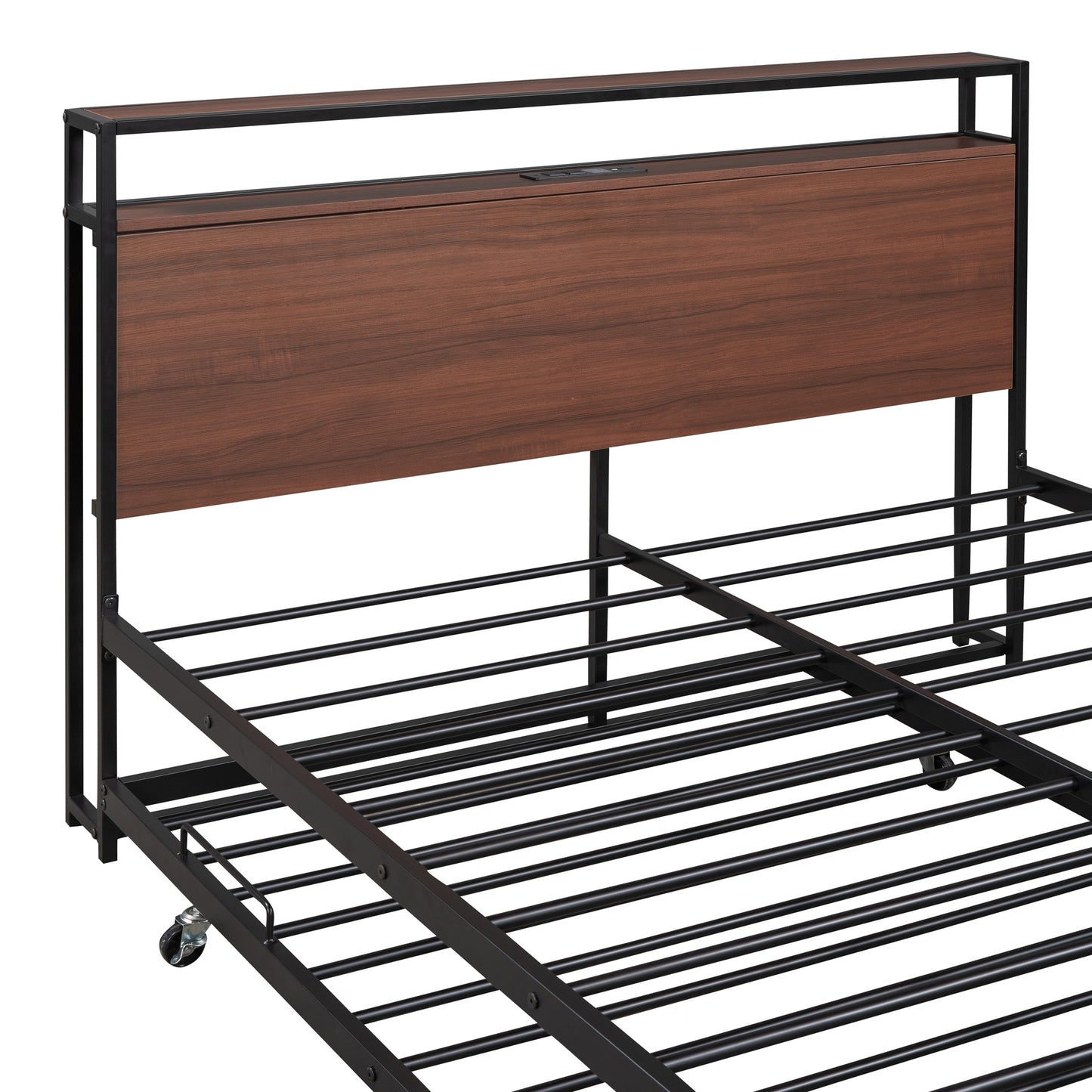 Full Size Metal Platform Bed Frame with Twin Size Trundle, Full Size Bed Frame with Storage Headboard, Outlet/USB Ports, Steel Slat Support, Full Bed Frame No Box Spring Needed for Bedroom, Black