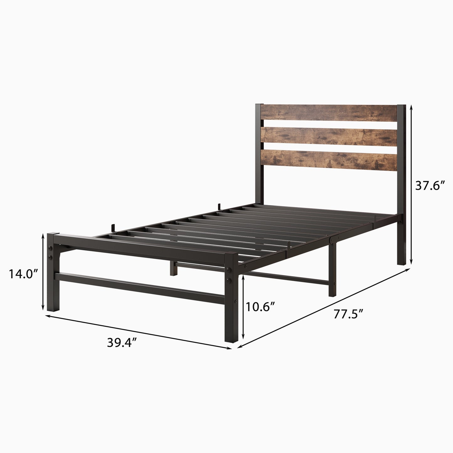 iRerts Twin Bed Frame with Headboard, Metal Platform Bed Frame No Box Spring Needed, Bed Frame Twin Size with Metal Support,  Noise-Free, Under Bed Storage, Easy Assembly, Rustic Brown