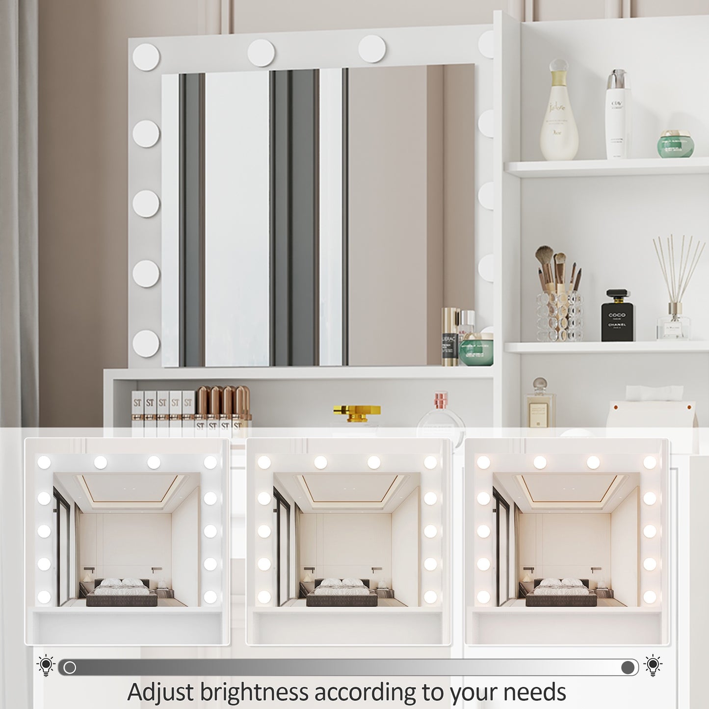 iRerts Vanity Desk with Mirror and LED Lights, White Makeup Table with Stool, Large Drawer and 3 Storage Dressers, 3 Lighting Modes Adjustable Brightness, Makeup Table Set Dressing Table for Bedroom