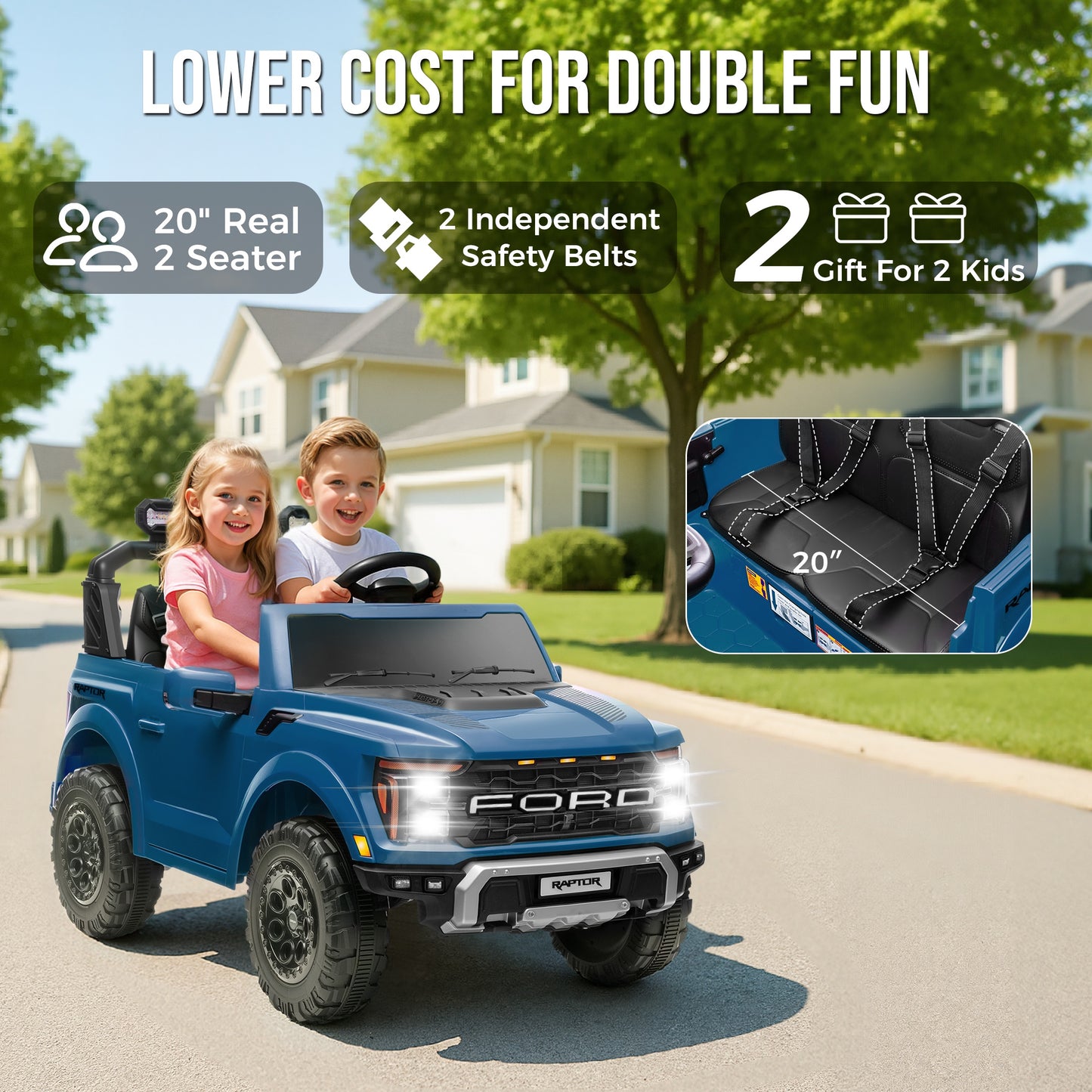iRerts 24V Ride on Toys for Big Kids, Licensed Ford F 150 Raptor 2 Seater Ride on Cars with Remote Control, Bluetooth, FM Radio, LED Lights, 4 Wheels Suspension, Electric Car for Kids Ages 3-8, Blue