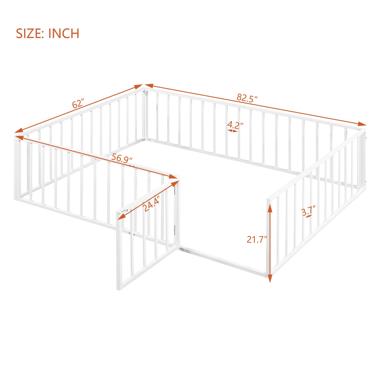 iRerts Queen Floor Bed Frame, Metal Queen Size Montessori Floor Bed Frame with Fence and Door, Kids Toddler Floor Bed Frame Queen Size for Girls Boys, Twin Bed Frame without Bed Slats, White