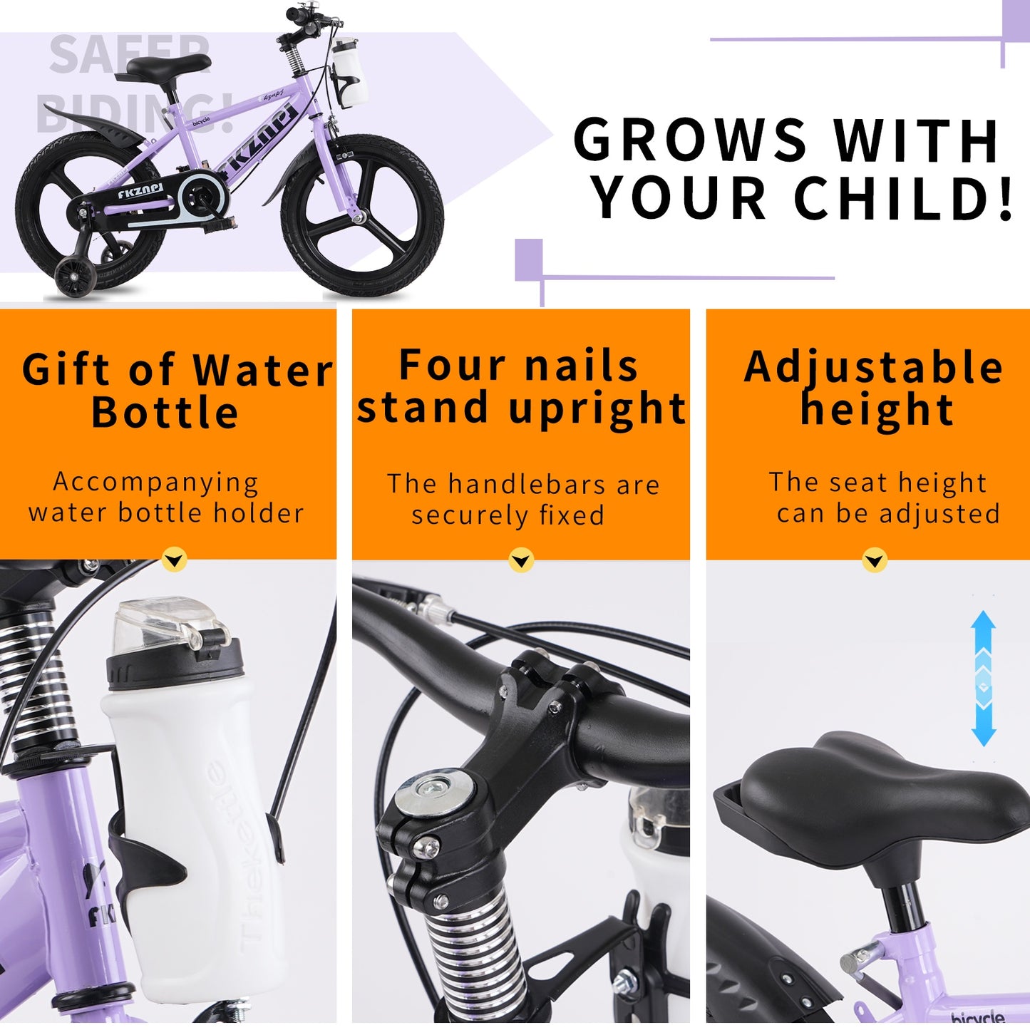 iRerts Kids Bike, 16 Inch Kids Bicycle for Boys Girls Ages 3-7, Toddlers Bike with Water Bottle Holder, Training Wheels with Night Glow, Adjustable Seat, Purple