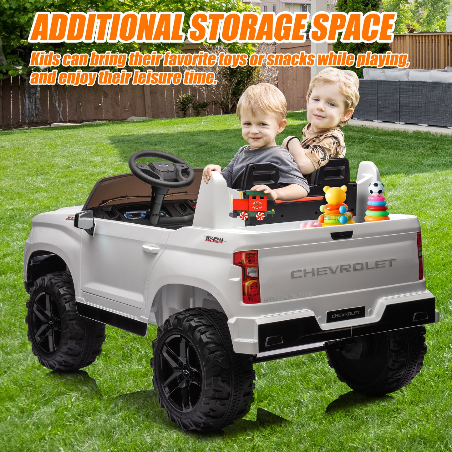 Chevrolet Silverado 24V Ride on Cars with Remote Control, 2 Seater 4 Wheels Kids Electric Cars with Bluetooth, LED Lights, Battery Powered Ride on Truck Toys for Boys Girls Christmas Gifts, White