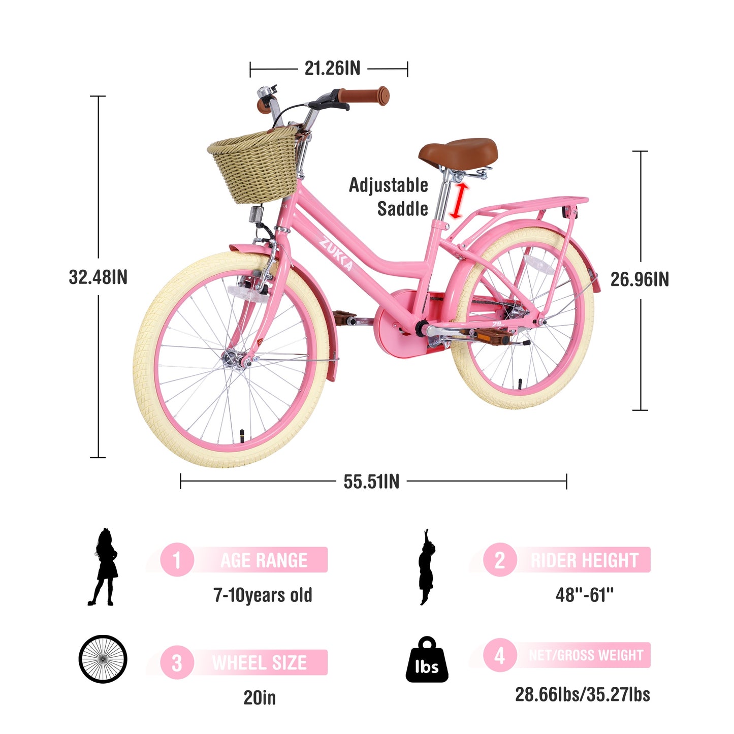iRerts Girls Bike for 7-10 Years Old Kids, 20 Inch Bike with Basket, Brown Leather Saddle, Coaster Brakes, Retro Style Girls Bicycle Kids Cycle Bikes, Kids Bicycle for Gifts, Light Pink
