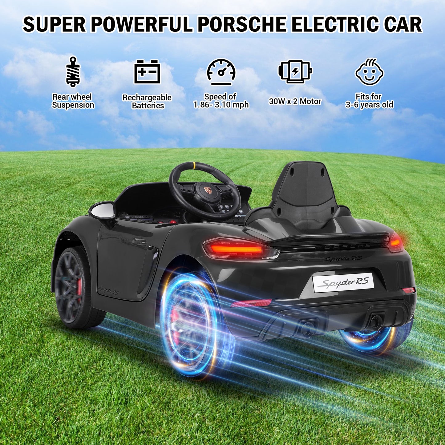 12V Powered Ride On Toys, Licensed Porsche 718 Ride on Car for Kids Boys Girls Christmas Gifts Ages 3-5, Kids Cars Electric Vehicle with Remote Control, Bluetooth, Music, LED Light, 4 Wheeler, Black