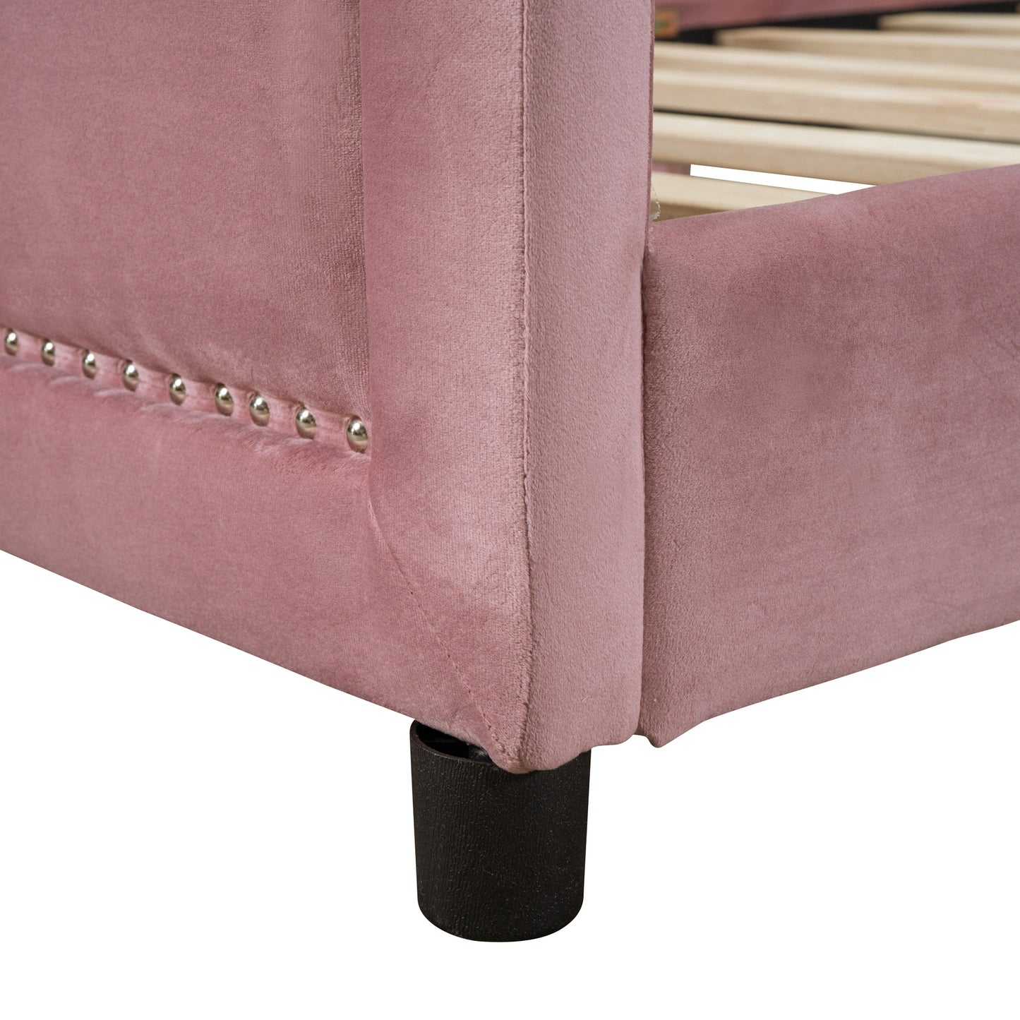iRerts Upholstered Twin Platform Bed Frame, Velvet Twin Daybed Frame with Classic Stripe Shaped Headboard and Footboard, Wood Twin Size Sofa Bed for Kids Girls Boys, No Box Spring Needed, Pink
