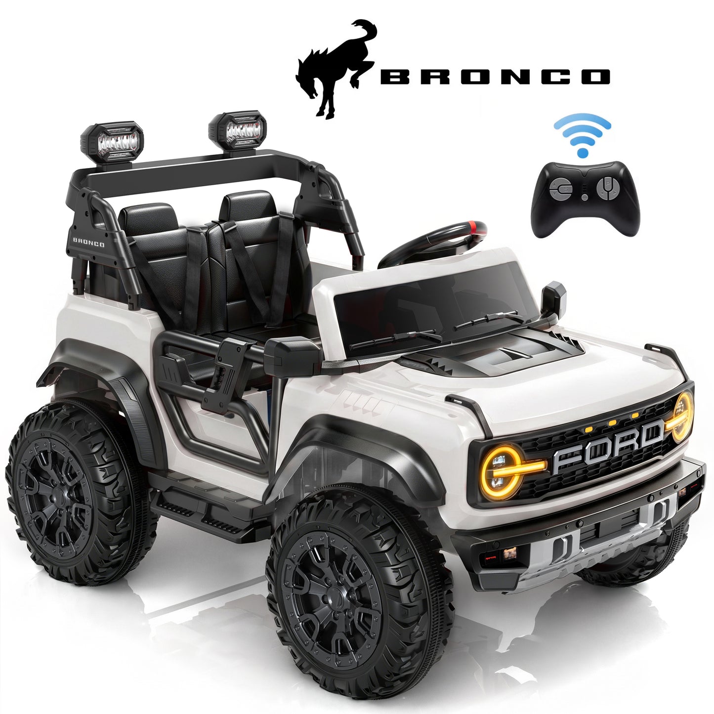 Ford Bronco Raptor 24V Ride on Toys, 2 Seater Ride on Cars with Remote Control, Bluetooth Music, Spring Suspension, Battery Powered Electric Car for Kids Ages 3-8, White